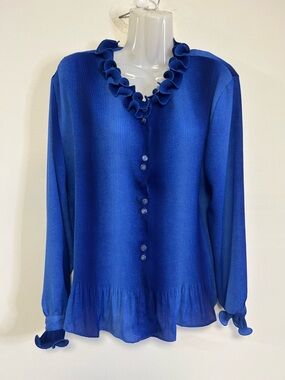 Vintage Louida Ruffle Collar Sleeve Ocean Ombré Gradient Ribbed Button Blouse